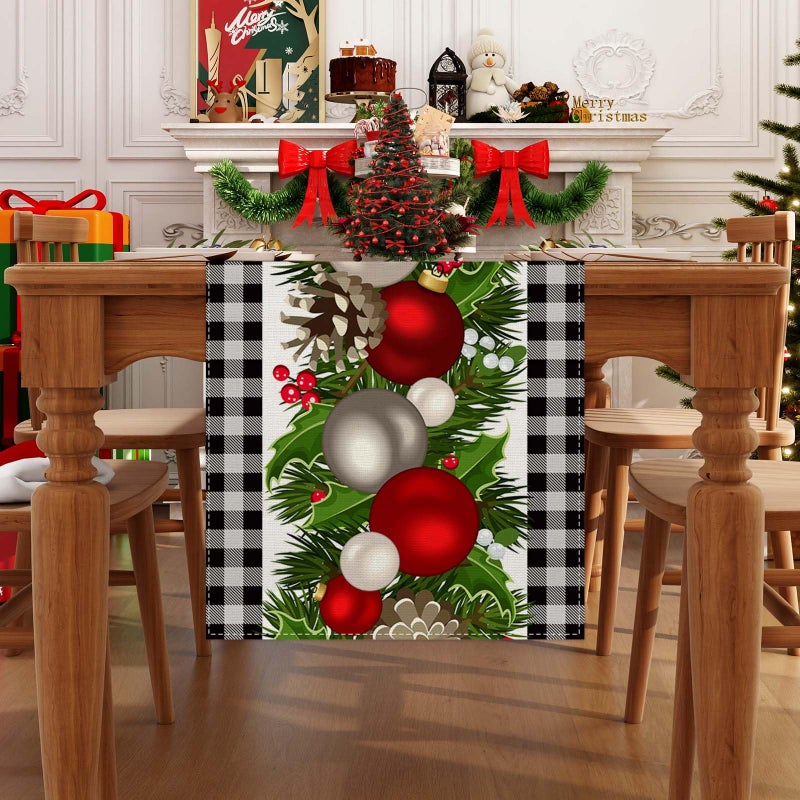 Jiudungs Linen Black and White Buffalo Check Christmas Table Runner 72 Inches Long Seasonal Winter Christmas Xmas Holiday Farmhouse Style Table Decoration - Image 1