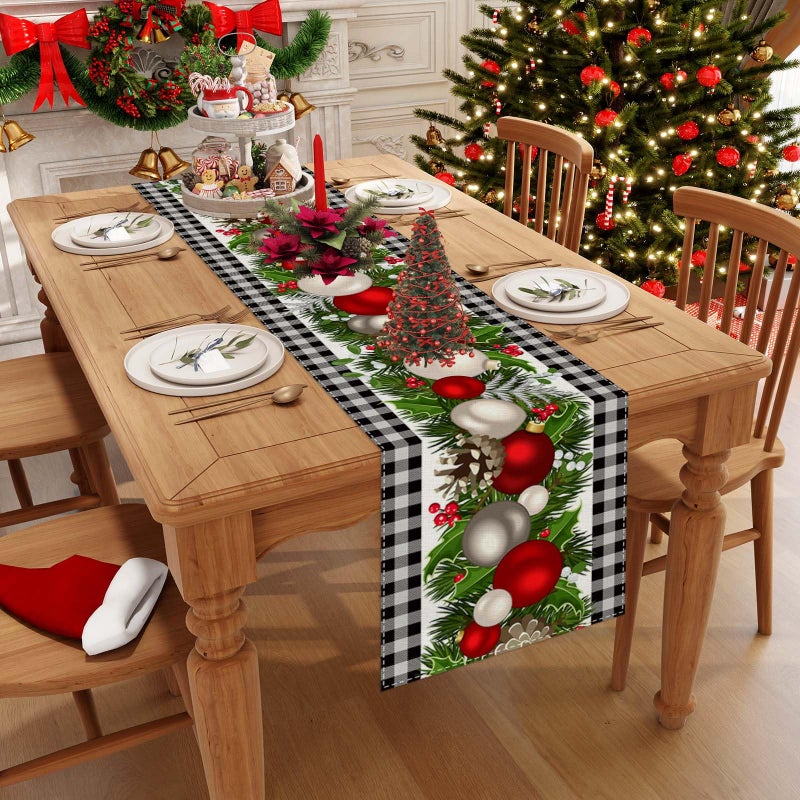 Jiudungs Linen Black and White Buffalo Check Christmas Table Runner 72 Inches Long Seasonal Winter Christmas Xmas Holiday Farmhouse Style Table Decoration - Image 2