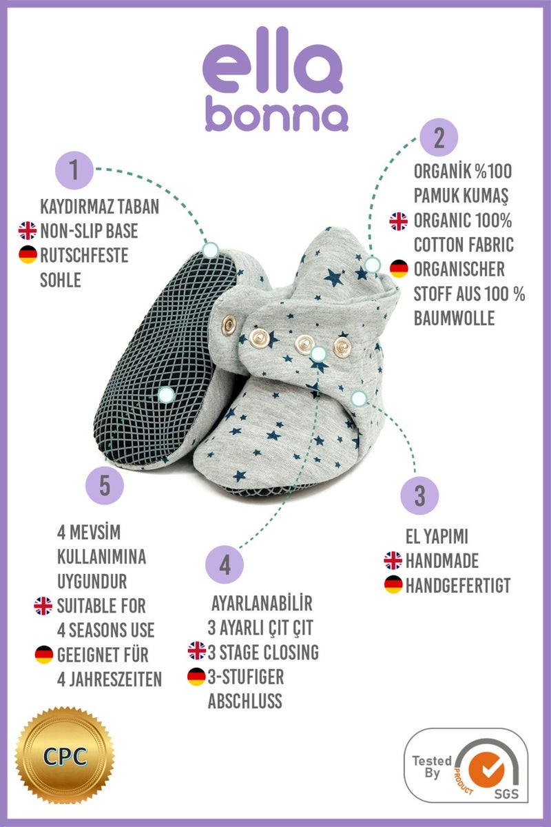 Ella Bonna Organic Cotton Baby Slippers, Non-Slip Sole, Newborn Booties, Home Nursery Shoes, Starry Gray  - Image 4