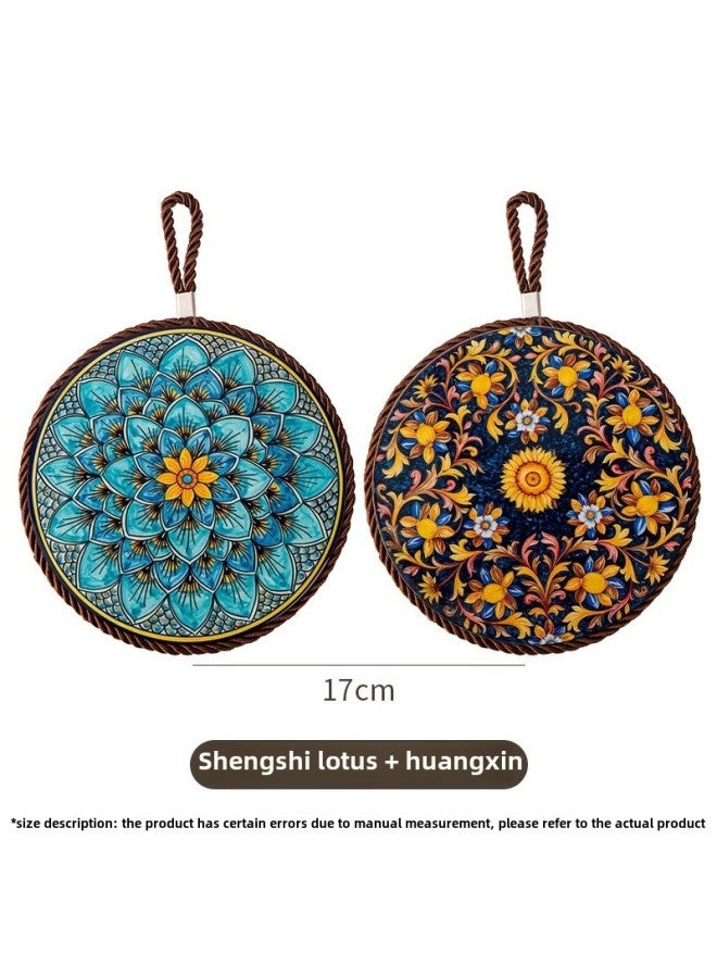 Retro Heat Insulation Pad High Temperature Resistant Casserole Anti-scalding Pad Enamel Pot Cushion Ceramic New Chinese Style Non-slip Dining Table Plate Cushion-color:Shengshi Lotus + Huangxin  - Image 1