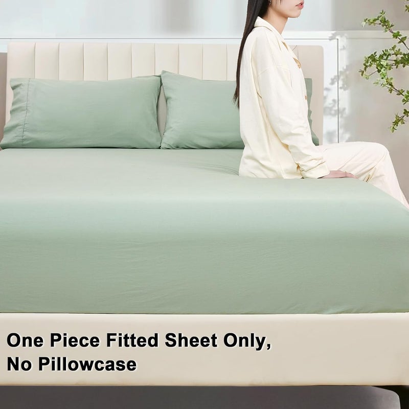 PHF 100% Garment Washed Cotton Fitted Sheet Full Size (137cm x 190cm), Cozy Cloud Soft Bottom Sheet with Elastic 40cm Deep Pocket, Easy Fit and Breathable, without Pillowcase, Artemisia Green - Image 3