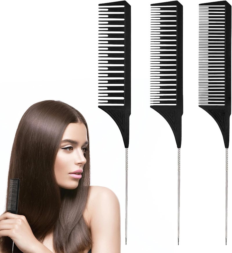 3Piece Tail Comb Set 3 Sizes Highlighting Comb with Stainless Steel Handles Black for Men Womens Hair Dyeing and Styling