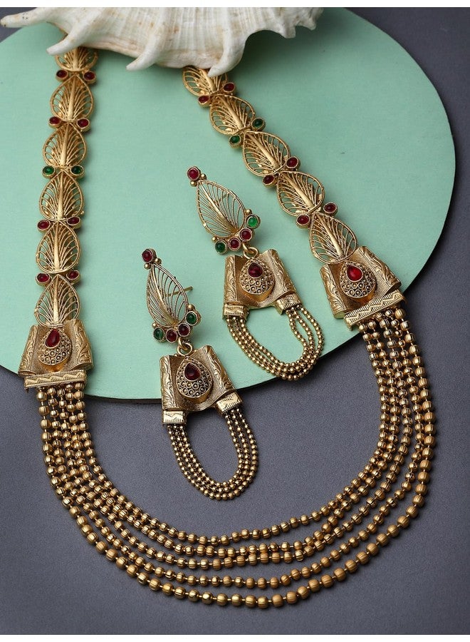 سوكهي طقم قلادة ماتينيه من راني هار لونج كوندان مطلي بالذهب وأحجار الراين مع أقراط | طقم مجوهرات للنساء (NS105731) - Image 3