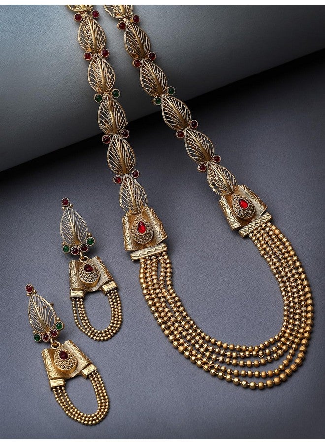 سوكهي طقم قلادة ماتينيه من راني هار لونج كوندان مطلي بالذهب وأحجار الراين مع أقراط | طقم مجوهرات للنساء (NS105731) - Image 4