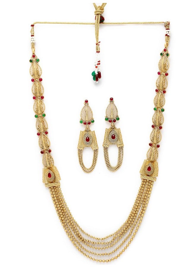 سوكهي طقم قلادة ماتينيه من راني هار لونج كوندان مطلي بالذهب وأحجار الراين مع أقراط | طقم مجوهرات للنساء (NS105731) - Image 1