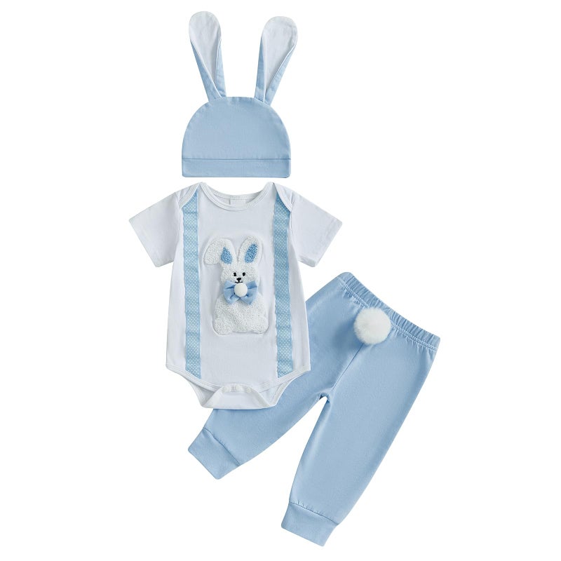 Bonangber Baby Boy Easter Outfit Short Sleeve Romper Newborn Bunny Outfit Jogger Pants Set Cute My First Easter Baby Boy Outfit(A-Blue,0-3 Months) - Image 1
