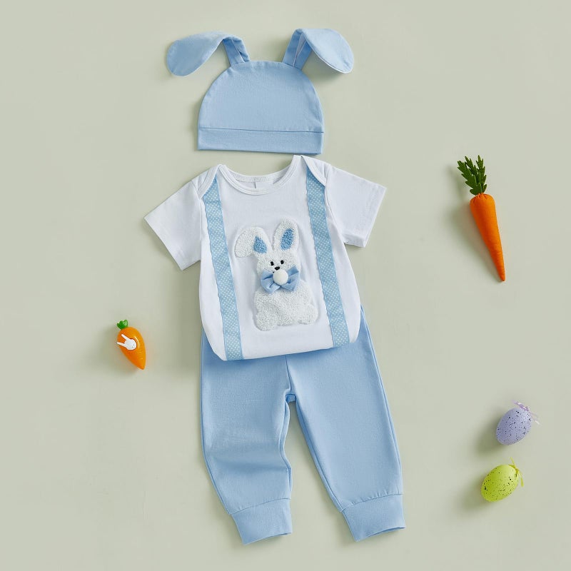Bonangber Baby Boy Easter Outfit Short Sleeve Romper Newborn Bunny Outfit Jogger Pants Set Cute My First Easter Baby Boy Outfit(A-Blue,0-3 Months) - Image 5
