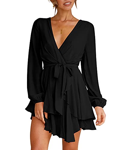 Cosonsen Womens Cocktail Dresses Deep V-Neck Long Bishop Sleeve Party Dress Black XS - Image 1
