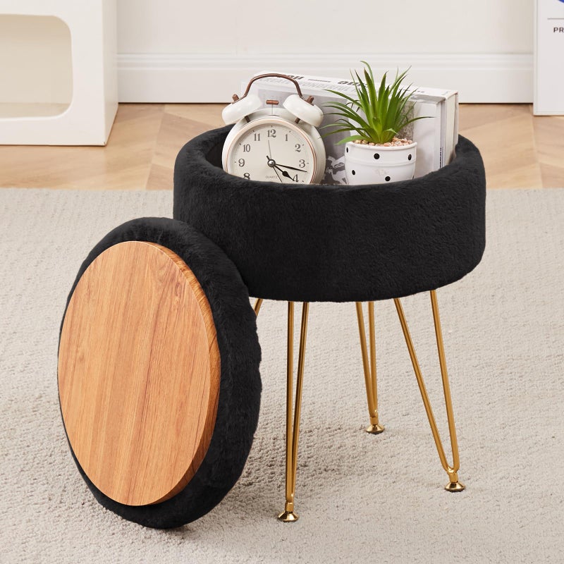 Cplxroc Footrest Footstools Round Faux Fur Ottoman with Storage Space Soft Vanity Chair Seat Coffee Table Ottoman Small Side Table Metal Legs with Adjustable Footings Black