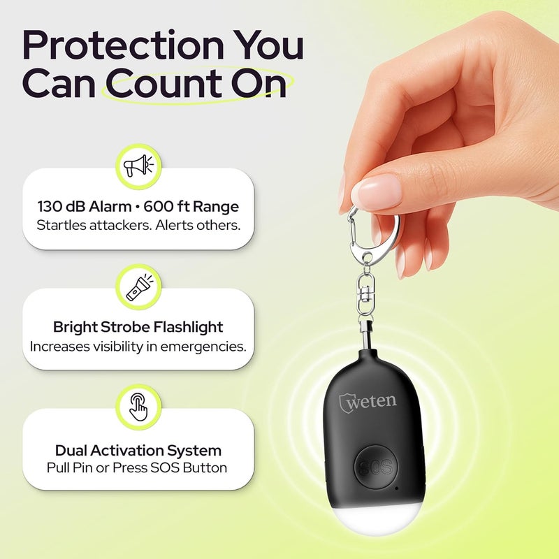 WETEN Rechargeable Personal Alarm Keychain - 130dB Siren & LED Light - Stylish Personal Safety Alert for Women to Carry - Panic Button Alarm for Security - Rape Whistle for Self Defense (Black) - Image 2