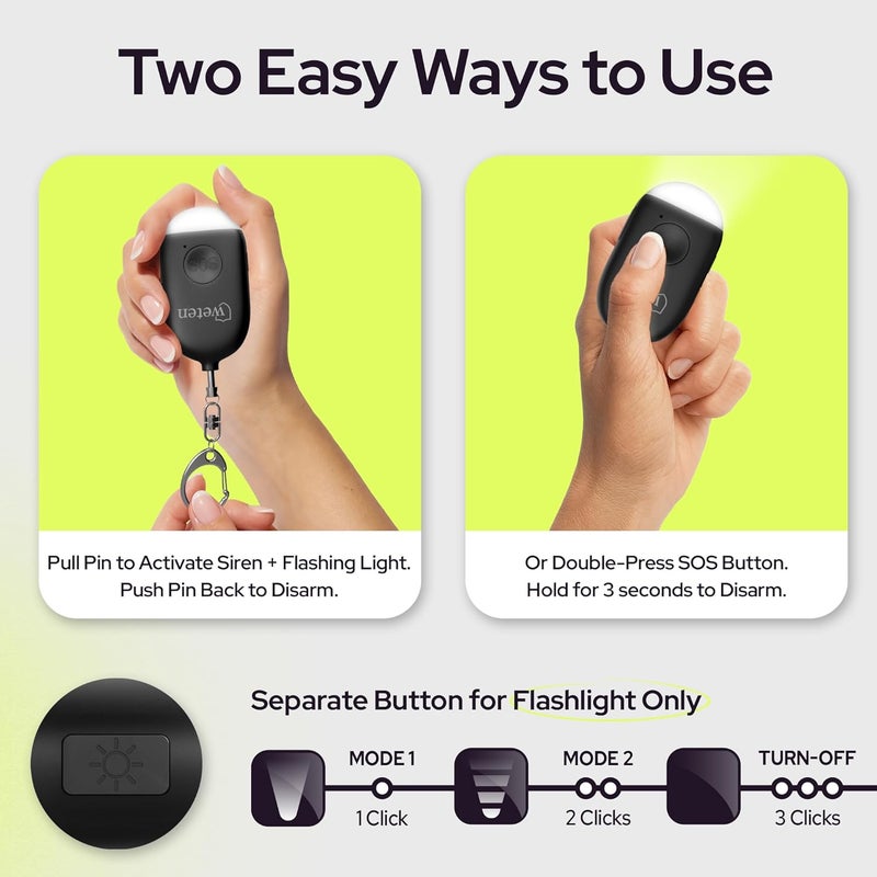 WETEN Rechargeable Personal Alarm Keychain - 130dB Siren & LED Light - Stylish Personal Safety Alert for Women to Carry - Panic Button Alarm for Security - Rape Whistle for Self Defense (Black) - Image 3