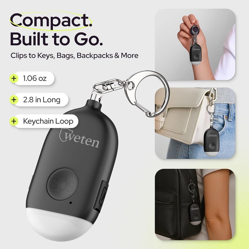 WETEN Rechargeable Personal Alarm Keychain - 130dB Siren & LED Light - Stylish Personal Safety Alert for Women to Carry - Panic Button Alarm for Security - Rape Whistle for Self Defense (Black) - Image 5