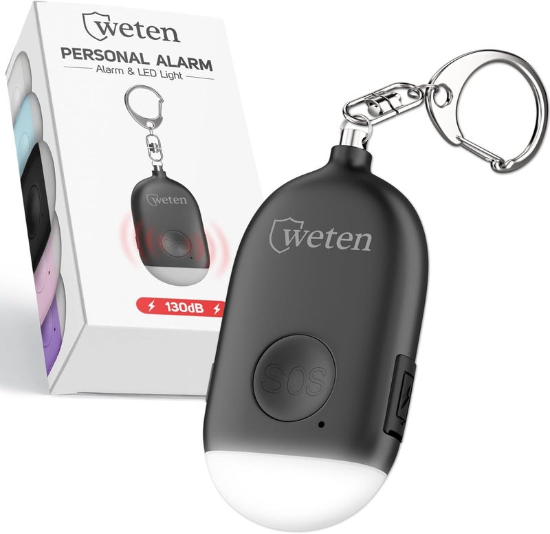 WETEN Rechargeable Personal Alarm Keychain - 130dB Siren & LED Light - Stylish Personal Safety Alert for Women to Carry - Panic Button Alarm for Security - Rape Whistle for Self Defense (Black) - Image 1