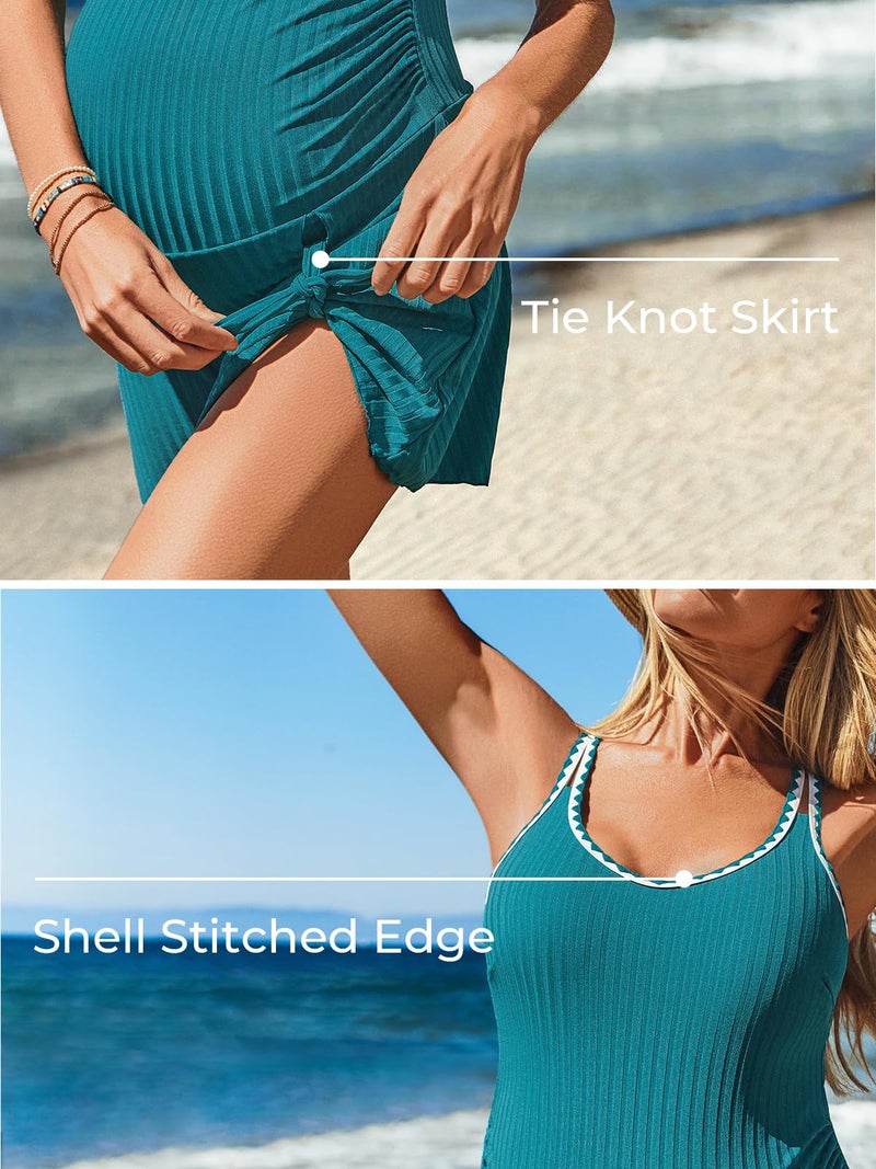 Summer Mae Ribbed Maternity One Piece Swim Dress Pregnancy Swimsuit with Built-in Bottom Swimwear Tie Knot Skirt Bathing Suit Turquoise 6-8 - Image 5