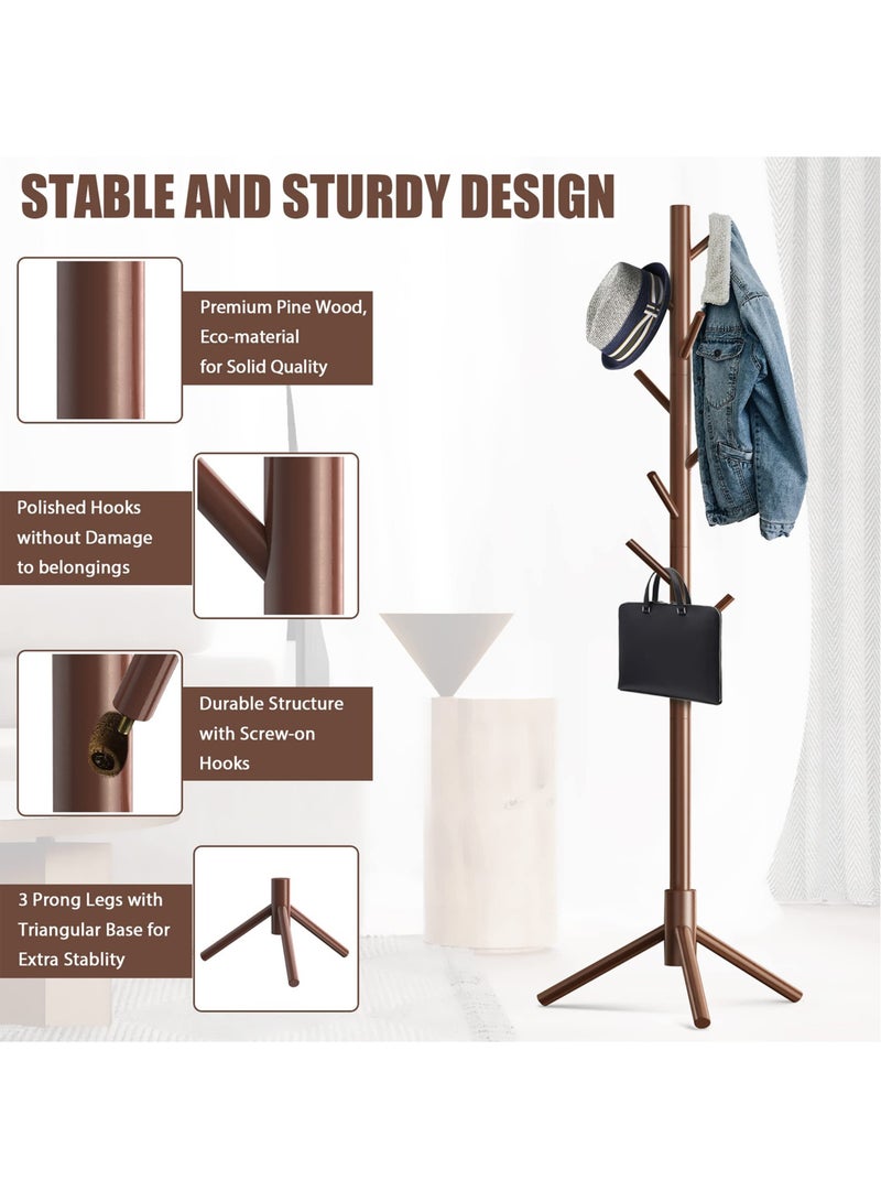 ZERIFAM Coat Rack, Freestanding Wooden Coat Rack with 3 Adjustable Sizes Coat Tree and 8 Hooks for Bedroom Office Hallway Entryway Bedroom(Walnut) - Image 2