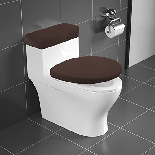 AZHCHKE Toilet Lid and Tank Cover Set - Stretch Washable Spandex Fabric Protector for Bathroom Seats - Fits Most Toilets, Coffee - Image 2