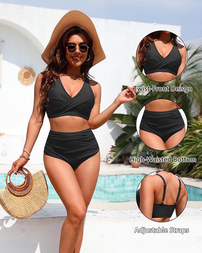 Yonique High Waisted Two Piece Swimsuit-Womens Bikini Set Tummy Control Bathing Suit Modest Full Coverage Bikini 2025 Black M - Image 5