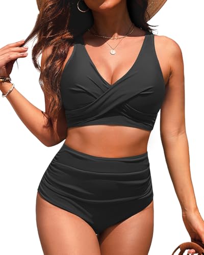 Yonique High Waisted Two Piece Swimsuit-Womens Bikini Set Tummy Control Bathing Suit Modest Full Coverage Bikini 2025 Black M - Image 1