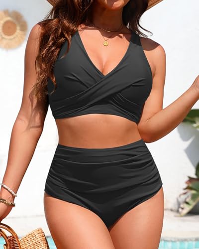 Yonique High Waisted Two Piece Swimsuit-Womens Bikini Set Tummy Control Bathing Suit Modest Full Coverage Bikini 2025 Black M - Image 3