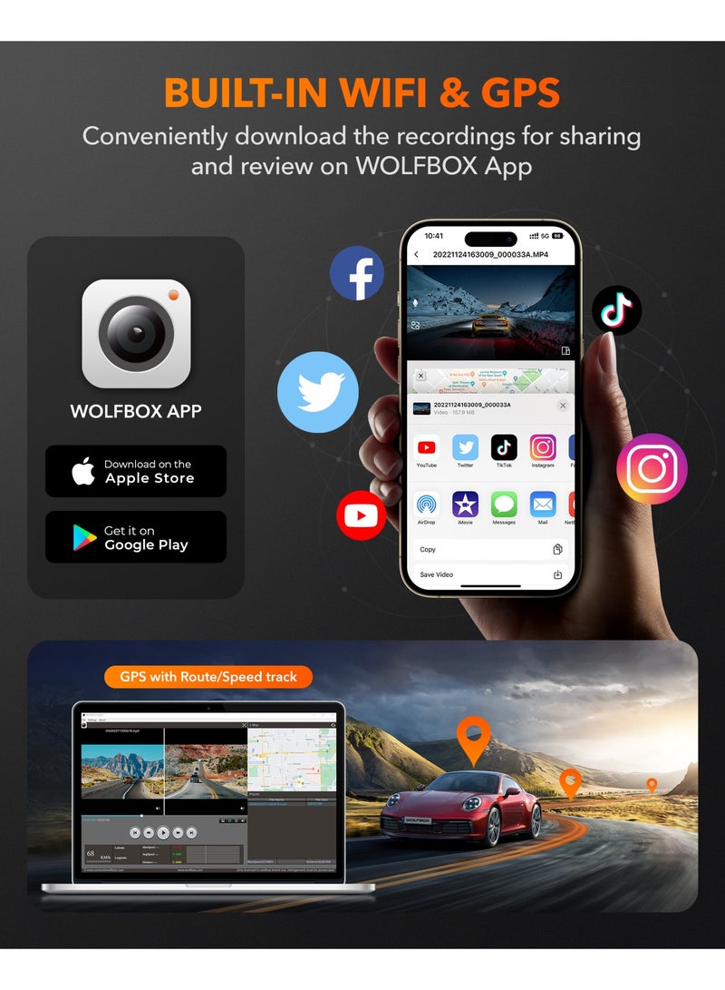 وولف بوكس داش كام وولف بوكس i05 أمامية 4K + خلفية 1080P مع GPS وWiFi - Image 4