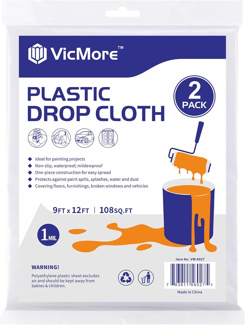VICMORE 2-Pack Plastic Drop Cloth 9x12 Feet - Waterproof and Clear Tarp for Painting, Furniture Protection, and Floor Covering - Durable Multipurpose Sheeting - Image 1