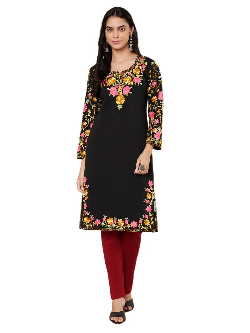 TREND LEVEL Winter Warm Woolen Embroidery Kurta/Kurti for Women's (Multi Flower) (in, Alpha, S, Black) - Image 1