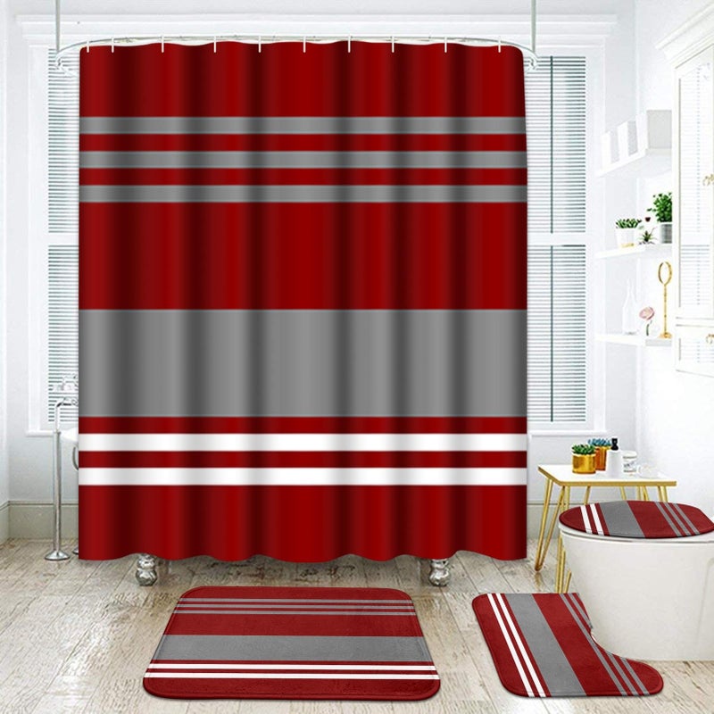 ArtSocket Burgundy Stripes Bathroom Set with Shower Curtain and Rugs Accessory Colorful Grey Line Vintage Abstract Beautiful Abstract Shower Curtain for Bathroom Decor 4 Pcs