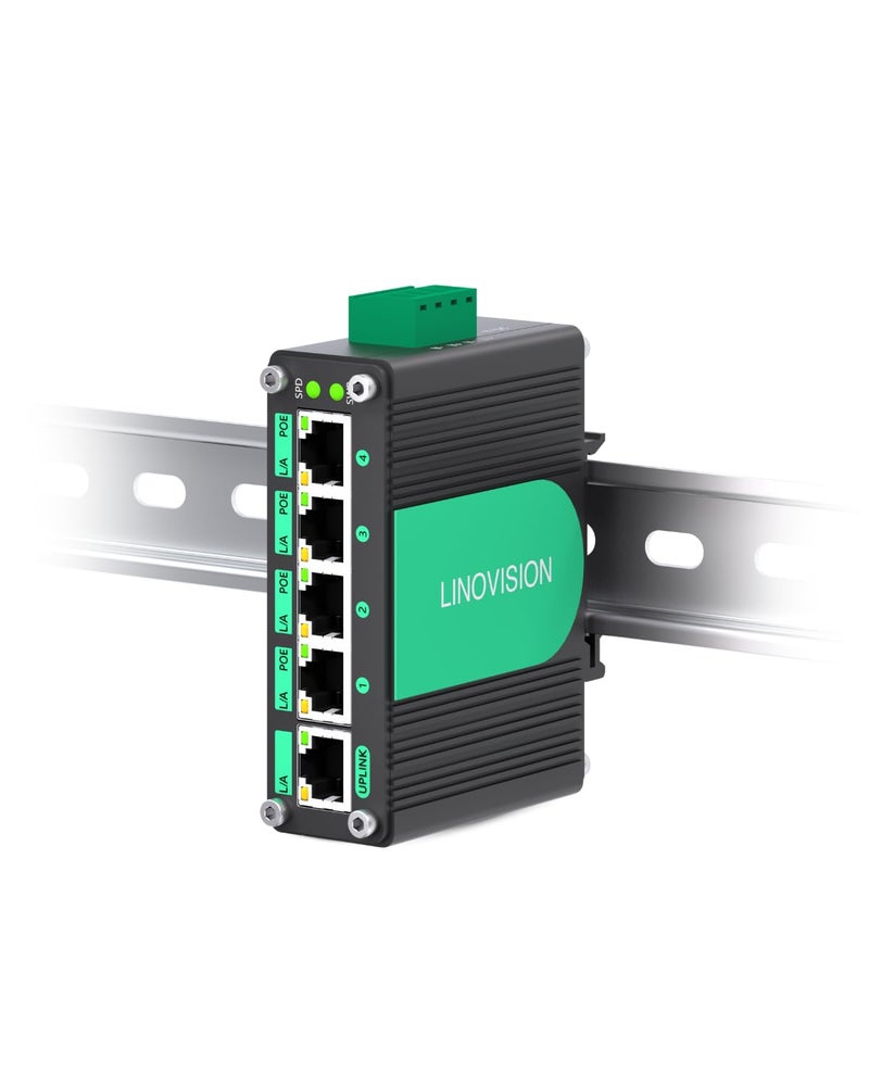 LINOVISION Industrial 5 Ports Gigabit 12V PoE Switch, Solar Powered Switch Support DC 9â€“54V Input to 48V PoE Output, 4 x IEEE 802.3af/at Ports 30W @120W, IP40 for Solar Power/RV Truck/VoIP Systems - Image 1