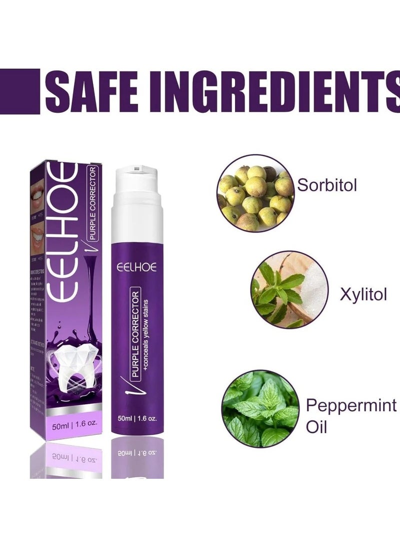 إيلهو قطعتين من مصحح أرجواني 50 مل، معجون أسنان لتبييض الأسنان، إزالة بقع الأسنان، مصحح لون لتنظيف الأسنان الصفراء، كريم تبييض الأسنان للحصول على نفس منعش ونظافة الفم - Image 3