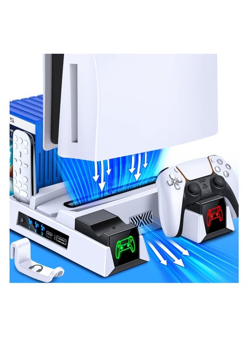 PS5 Stand, with Controller Charging Station and Cooling for PS 5 Console Digital Edition&Disc Version Dual Charger Dock 3 Fan Speeds Game Slots White