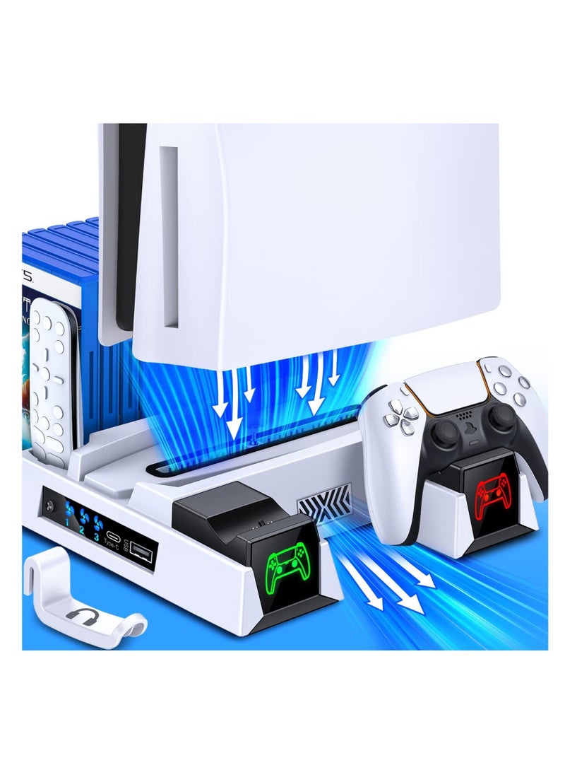 PS5 Stand, with Controller Charging Station and Cooling for PS 5 Console Digital Edition&Disc Version Dual Charger Dock 3 Fan Speeds Game Slots White