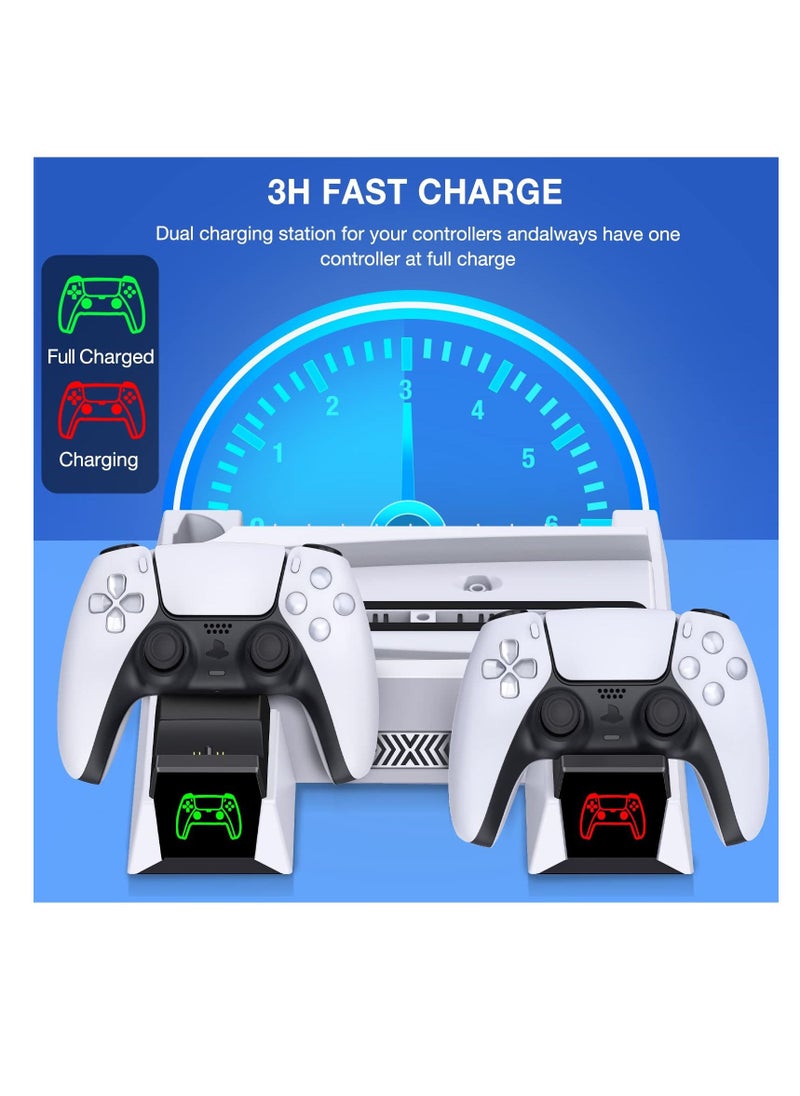 PS5 Stand, with Controller Charging Station and Cooling for PS 5 Console Digital Edition&Disc Version Dual Charger Dock 3 Fan Speeds Game Slots White