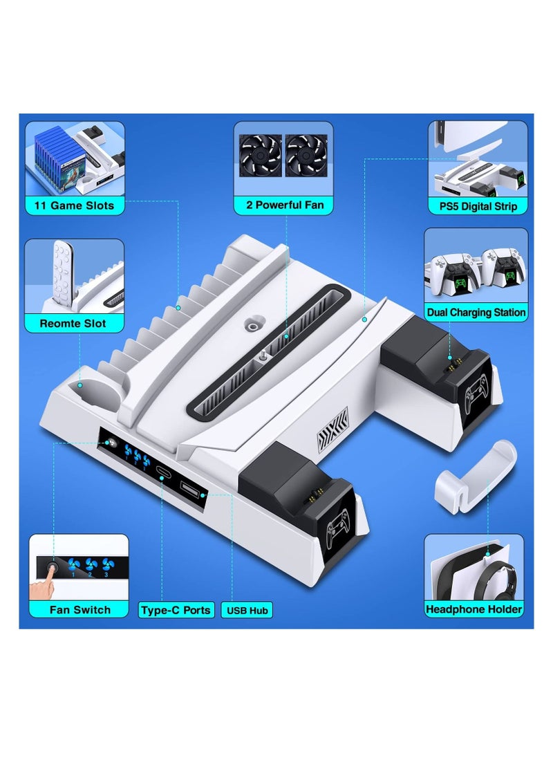 PS5 Stand, with Controller Charging Station and Cooling for PS 5 Console Digital Edition&Disc Version Dual Charger Dock 3 Fan Speeds Game Slots White