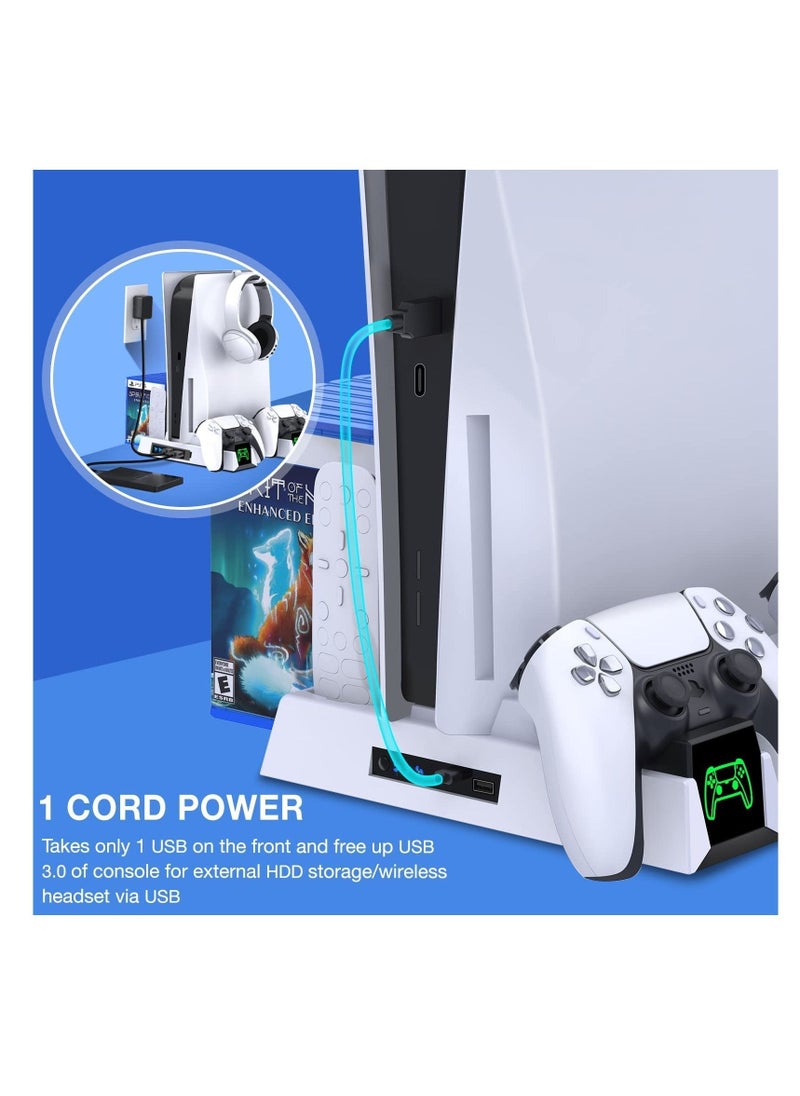 PS5 Stand, with Controller Charging Station and Cooling for PS 5 Console Digital Edition&Disc Version Dual Charger Dock 3 Fan Speeds Game Slots White
