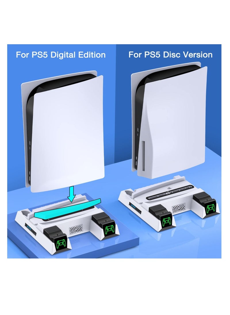 PS5 Stand, with Controller Charging Station and Cooling for PS 5 Console Digital Edition&Disc Version Dual Charger Dock 3 Fan Speeds Game Slots White