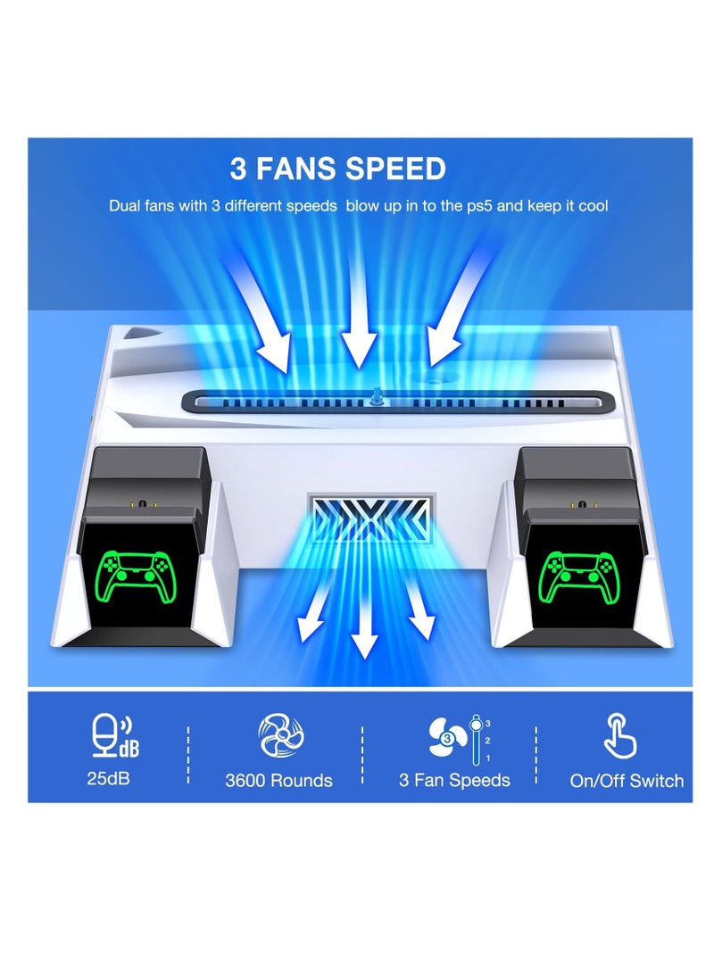 PS5 Stand, with Controller Charging Station and Cooling for PS 5 Console Digital Edition&Disc Version Dual Charger Dock 3 Fan Speeds Game Slots White