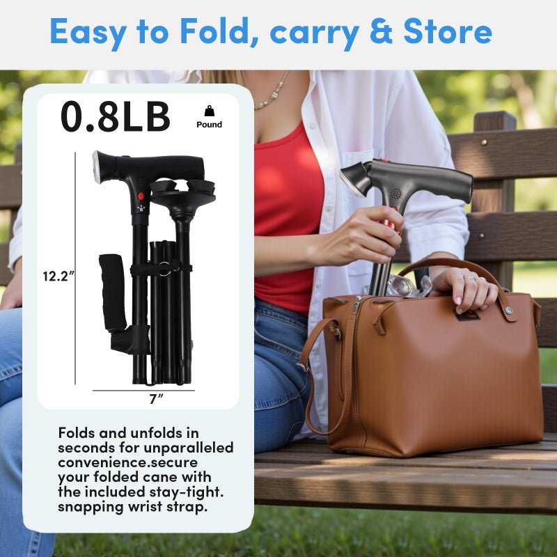 ANCKNE Walking Cane for Men & Women with Alarm, LED Light and Foldable Handle, Foldable, Adjustable, Lightweight, Free Self Standing Walking Cane for Seniors & Adults - Image 5