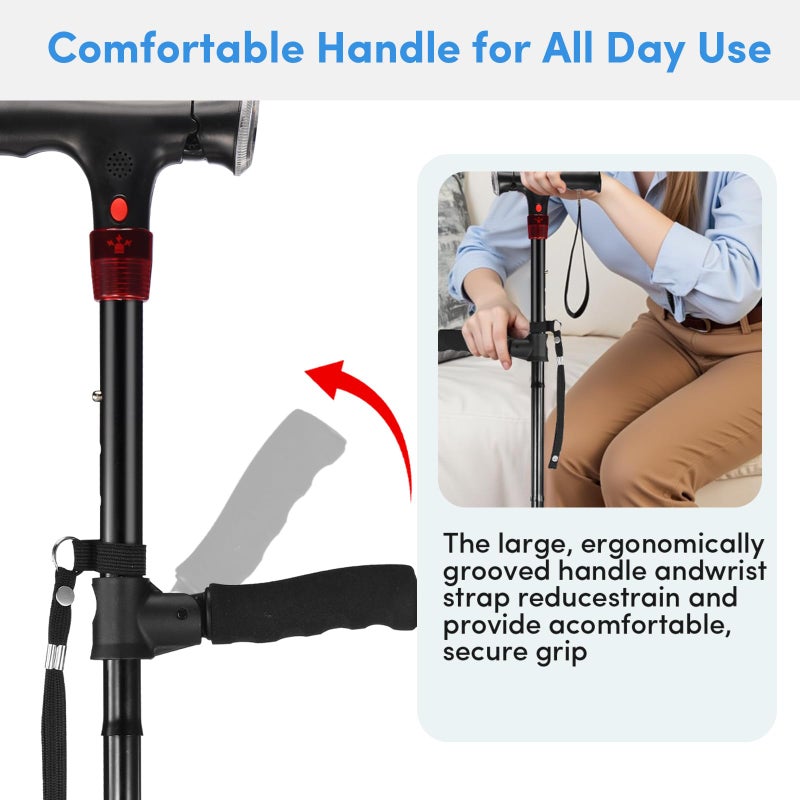 ANCKNE Walking Cane for Men & Women with Alarm, LED Light and Foldable Handle, Foldable, Adjustable, Lightweight, Free Self Standing Walking Cane for Seniors & Adults - Image 3
