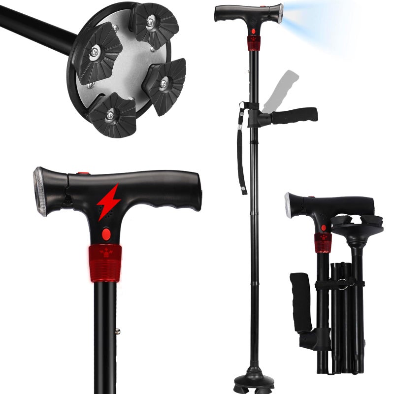 ANCKNE Walking Cane for Men & Women with Alarm, LED Light and Foldable Handle, Foldable, Adjustable, Lightweight, Free Self Standing Walking Cane for Seniors & Adults - Image 1