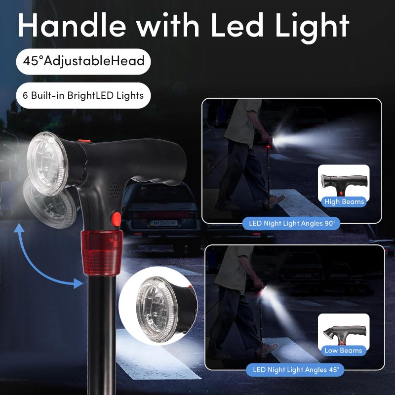 ANCKNE Walking Cane for Men & Women with Alarm, LED Light and Foldable Handle, Foldable, Adjustable, Lightweight, Free Self Standing Walking Cane for Seniors & Adults - Image 2
