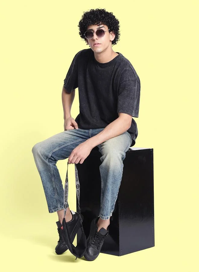 Styli Men Black Oversized Acid Wash T-Shirt By Bene Kleed