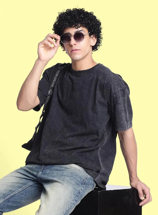 Styli Men Black Oversized Acid Wash T-Shirt By Bene Kleed