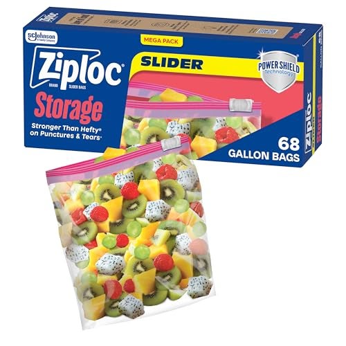 Ziploc حقائب تخزين الطعام بحجم جالون من زيبلوك مع سلايدر، تكنولوجيا باور شيلد لمزيد من المتانة، 68 قطعة - Image 1