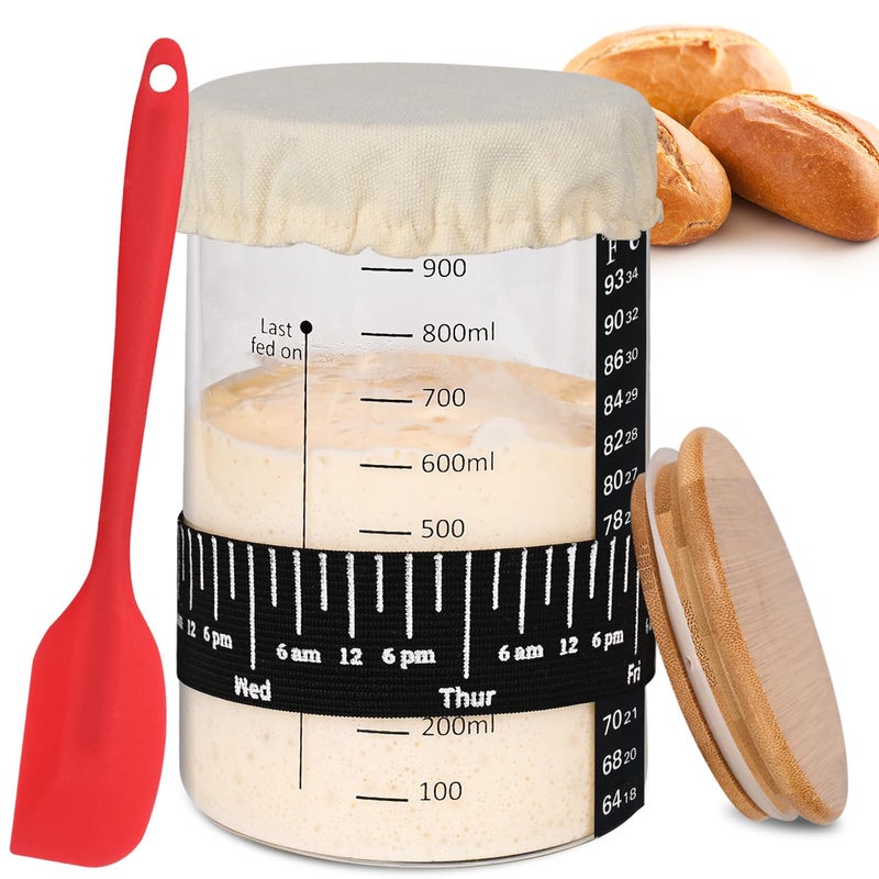 Xileanalee Pro Sourdough Starter Jar Kit- 35 Oz Large Sourdough Starter Glass Jar with Date Marked Feeding Band,Thermometer,Spatula,Cloth Cover& Lid for Sour Dough Bread Loaf - Image 1