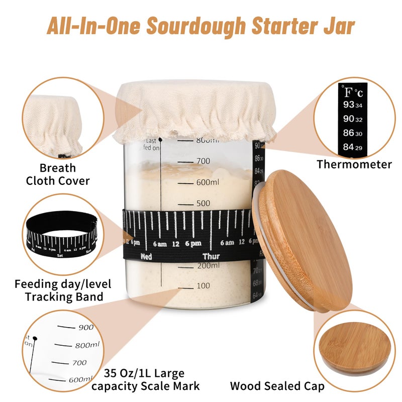 Xileanalee Pro Sourdough Starter Jar Kit- 35 Oz Large Sourdough Starter Glass Jar with Date Marked Feeding Band,Thermometer,Spatula,Cloth Cover& Lid for Sour Dough Bread Loaf - Image 2