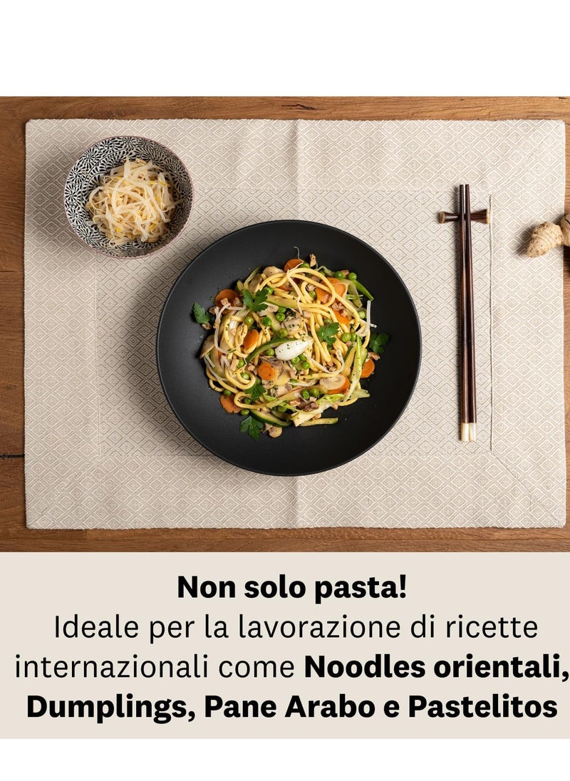 Marcato pasta making machine, made in Italy, makes spaghetti, lasagna, fettuccine, and tagliolini.