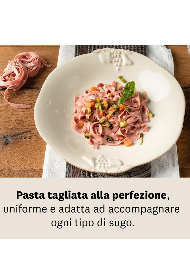 Marcato pasta making machine, made in Italy, makes spaghetti, lasagna, fettuccine, and tagliolini.