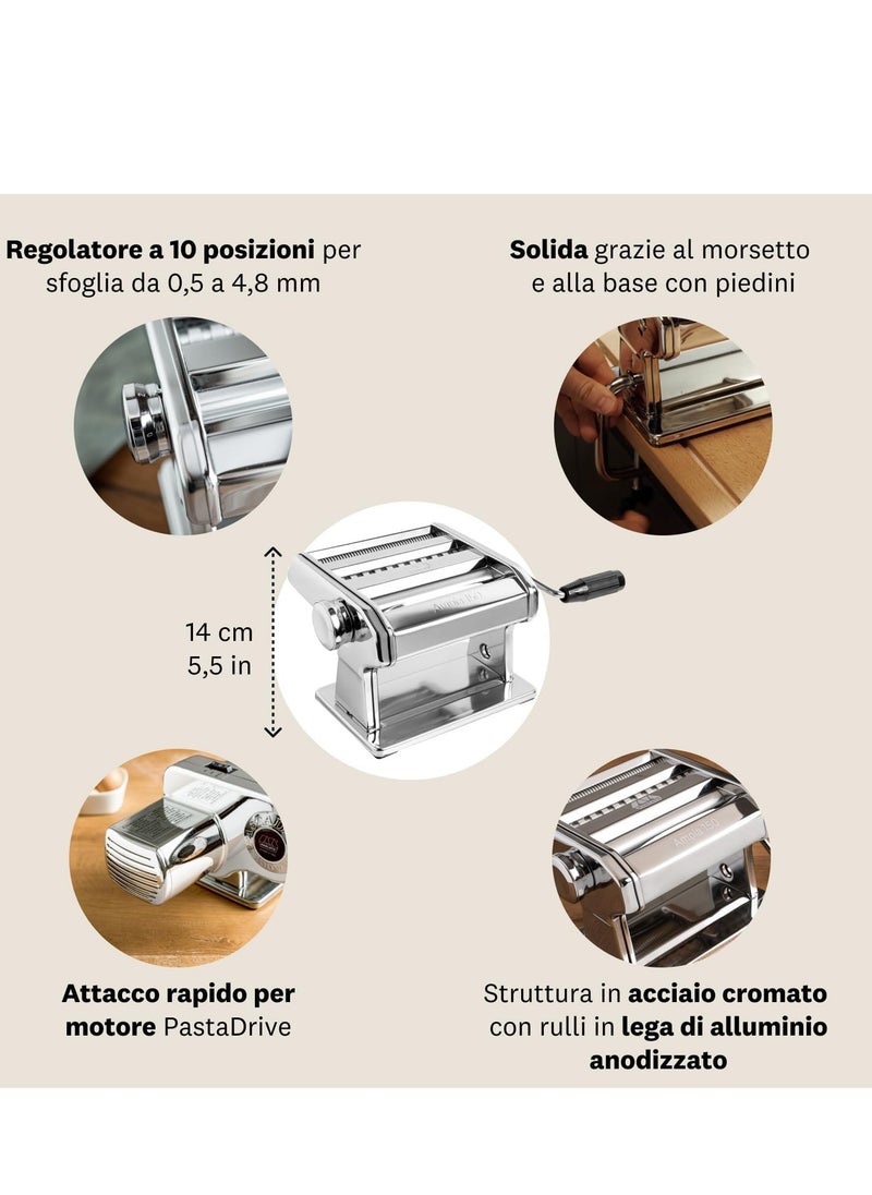 Marcato pasta making machine, made in Italy, makes spaghetti, lasagna, fettuccine, and tagliolini.