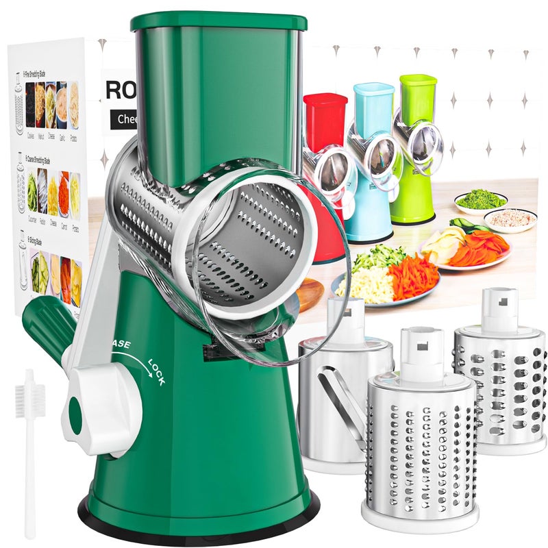 Cambom Rotary Cheese Grater Hand Crank Cheese Shredder for Fresh Cheese, Vegetable, Nuts,Non-slip Suction Base, Free Cleaning Brush Three Blades, Deep Green - Image 1