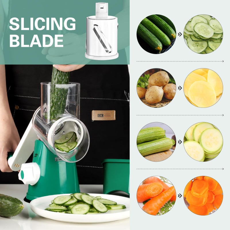 Cambom Rotary Cheese Grater Hand Crank Cheese Shredder for Fresh Cheese, Vegetable, Nuts,Non-slip Suction Base, Free Cleaning Brush Three Blades, Deep Green - Image 3